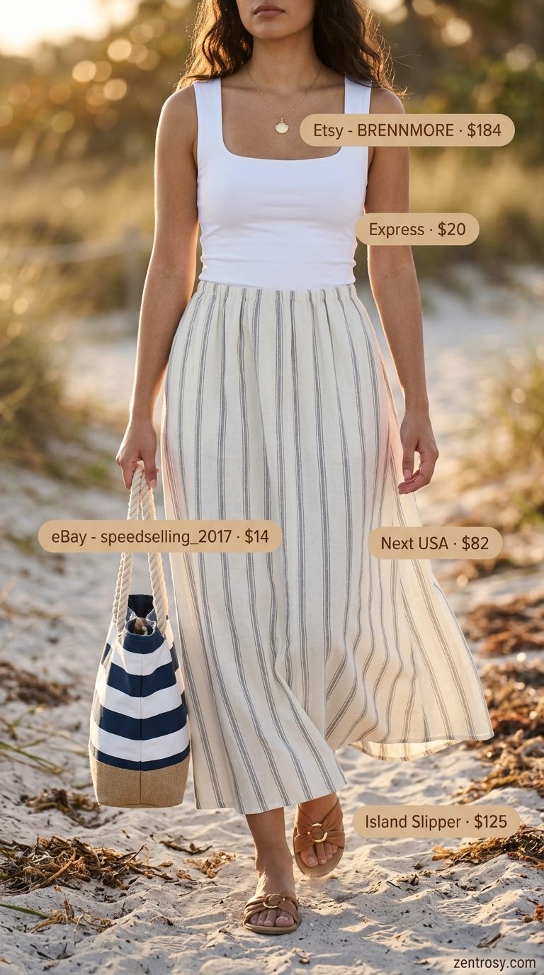 Boho Maxi Skirt Outfits Summer 2026: Seaside Breeze Style Boho maxi skirt outfits summer 2026: Navy stripe linen maxi skirt with white ribbed tank for a relaxed seaside stroll.