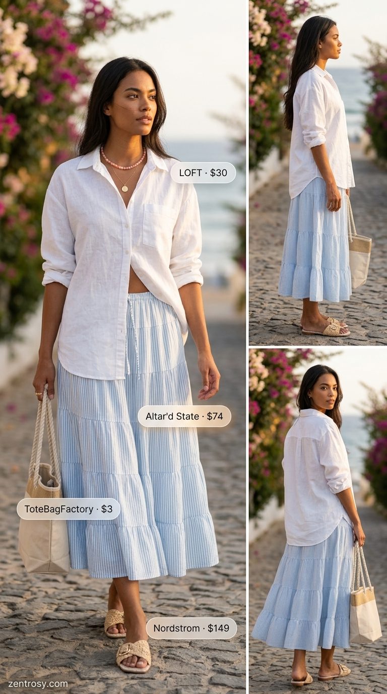 Boho Maxi Skirt Outfits Summer 2026: Breezy Beach Style Boho maxi skirt outfits summer 2026: Sky blue stripe skirt, white linen shirt, canvas tote for beach vacation.