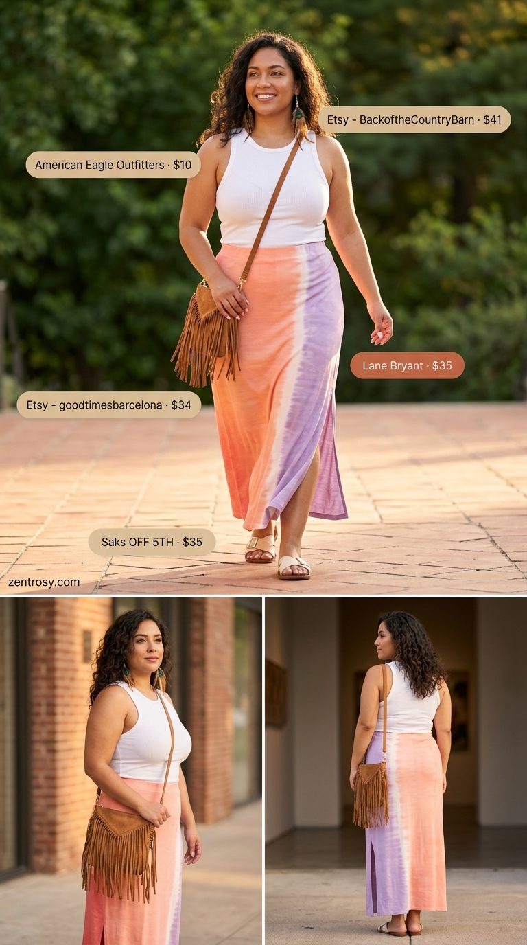 Boho Maxi Skirt Outfits Summer 2026: Dreamy Evening Look Boho maxi skirt outfits summer 2026: Tie-dye maxi skirt, white tank, suede fringe bag for evening.