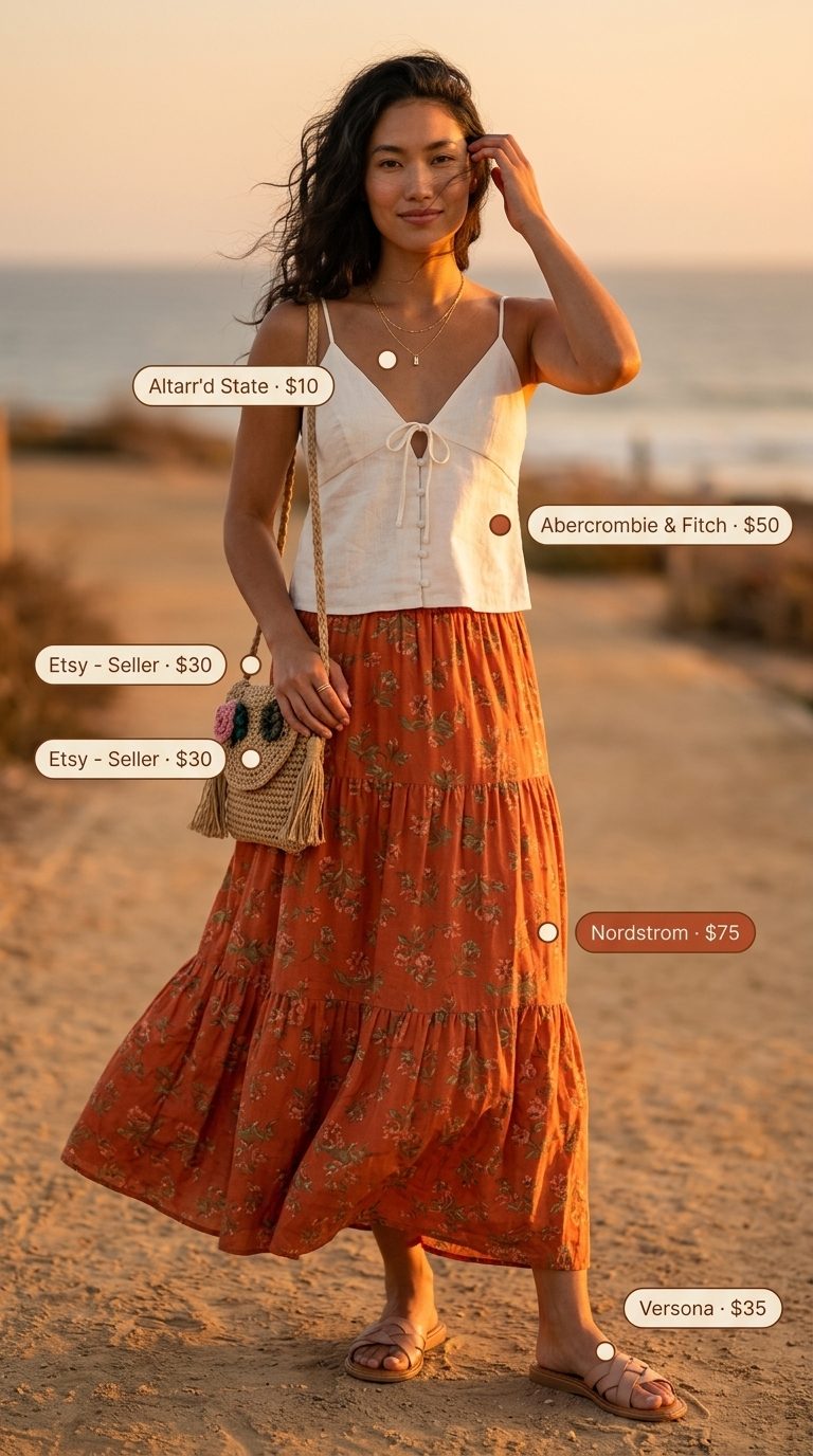 Boho Maxi Skirt Outfits Summer 2026: Earthy Evening Style Boho maxi skirt outfits summer 2026: Terracotta floral maxi skirt with cream camisole for a romantic evening gathering.
