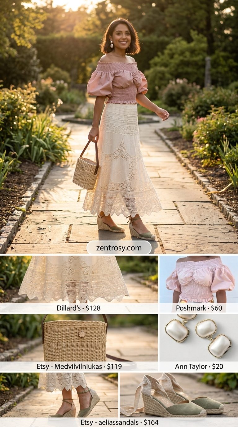 Boho Maxi Skirt Outfits Summer 2026: Vintage Charm Boho maxi skirt outfits summer 2026: Eyelet lace skirt, blush pink blouse, wicker bag for vintage market.
