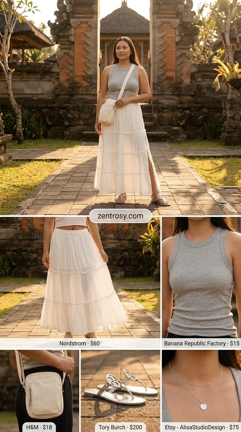 Boho Maxi Skirt Outfits Summer 2026: Serene Retreat Style Boho maxi skirt outfits summer 2026: White gauze skirt, grey tank, minimalist sandals for yoga retreat.