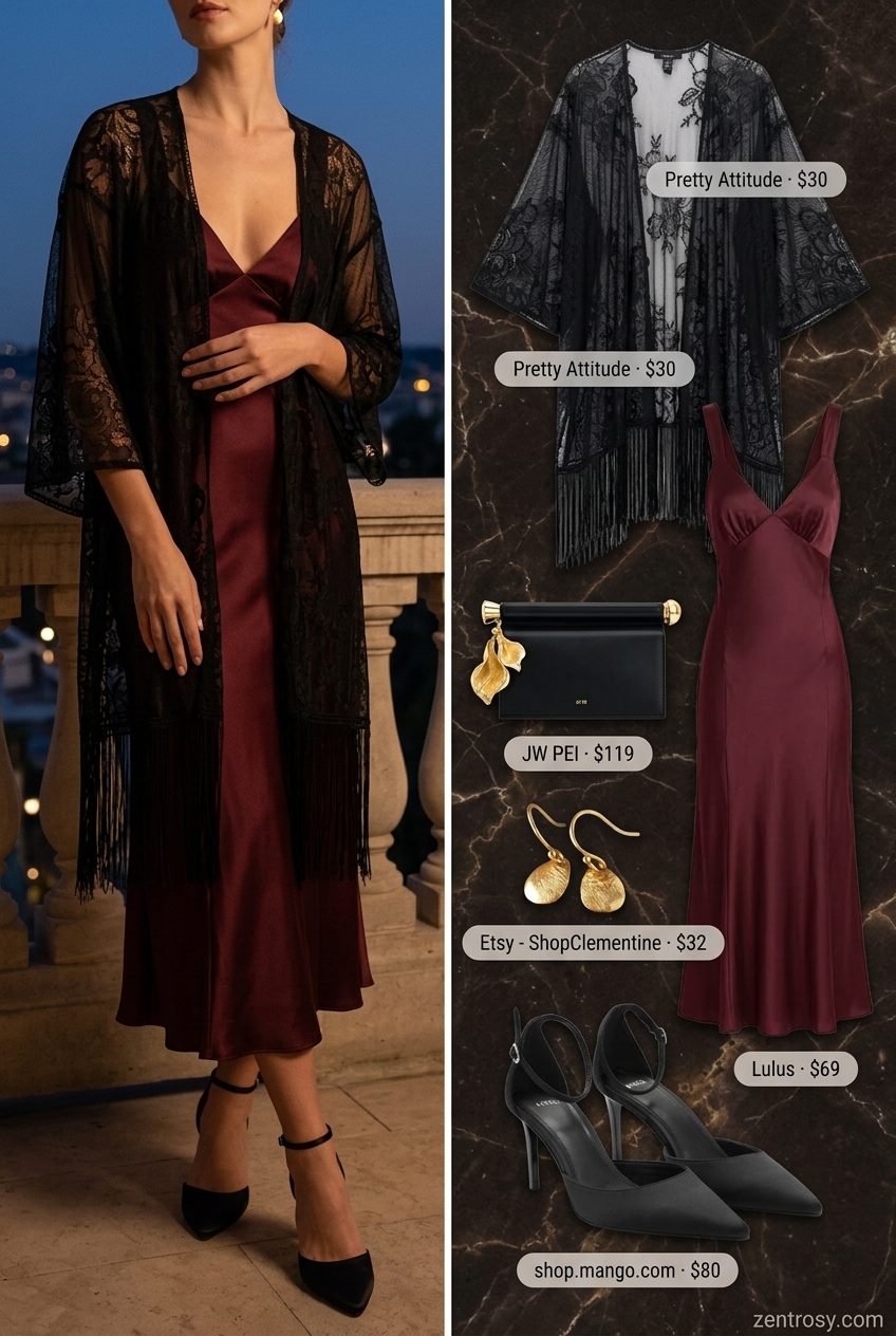 Boho Summer Kimono Outfits 2026: Burgundy Allure Boho summer kimono outfits for women 2026: Burgundy slip dress, black lace kimono, embellished clutch, gold earrings, black heels.