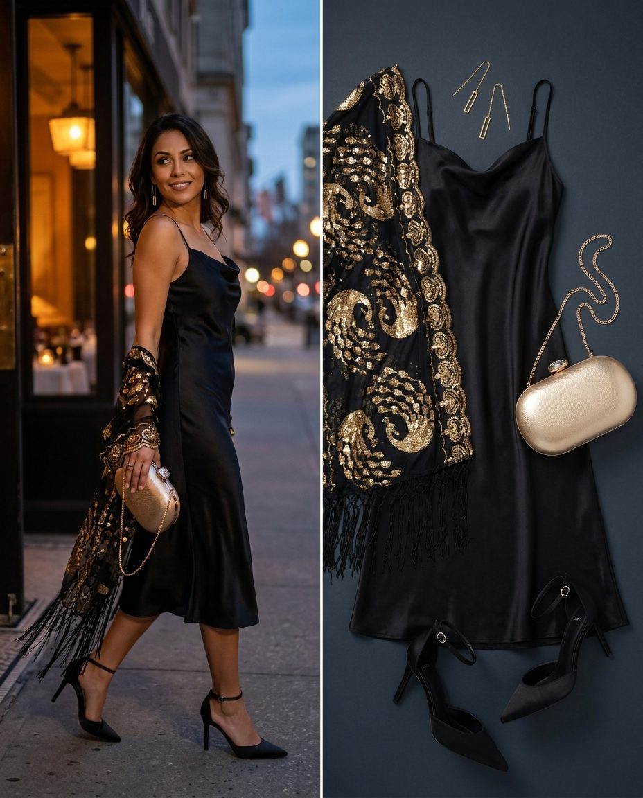 Boho Summer Kimono Outfits 2026: Chic Cocktail Boho summer kimono outfits for women 2026: Black slip dress, gold embroidered kimono, pointed heels, and metallic clutch.