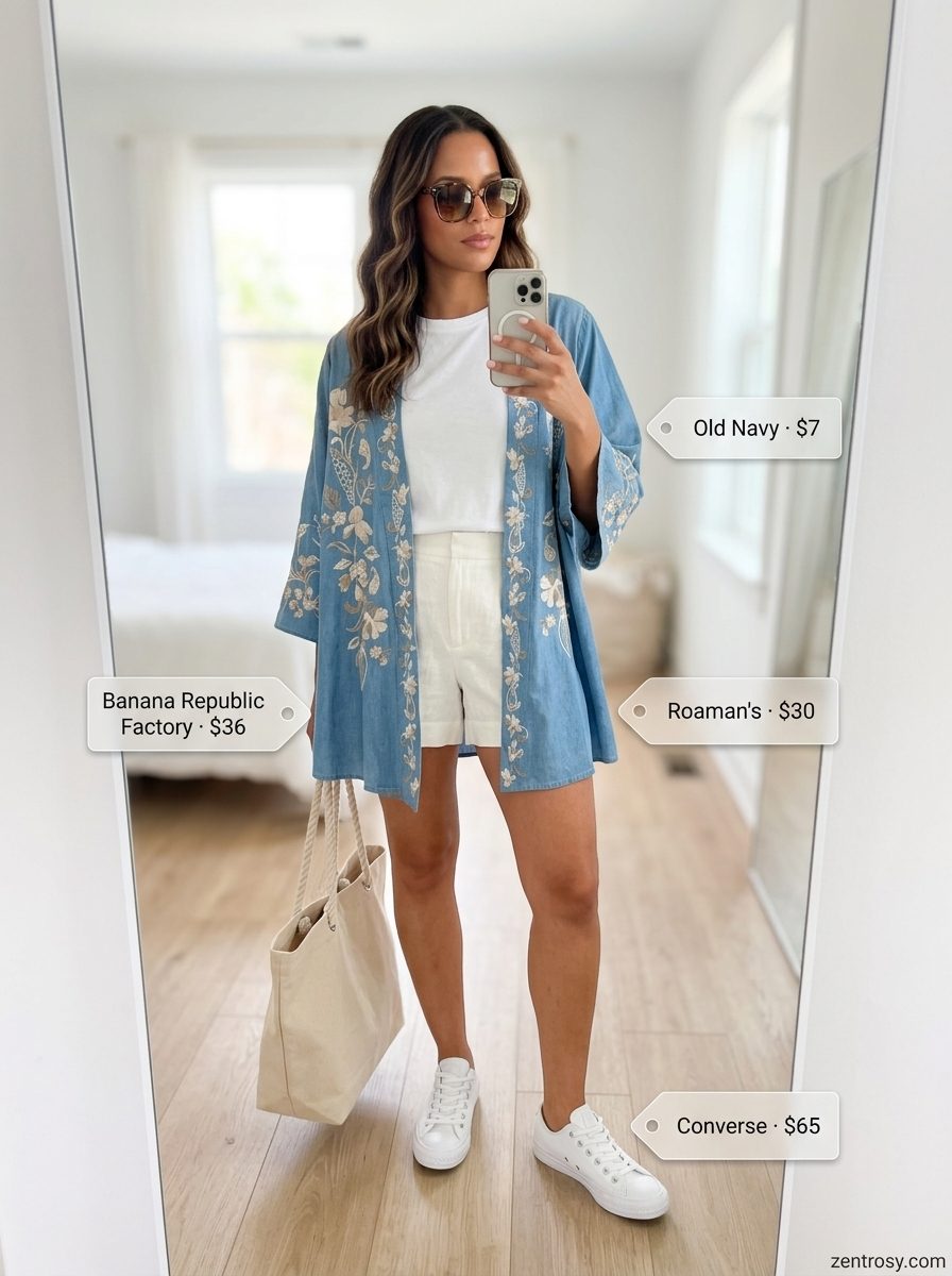 Boho Summer Kimono Outfits 2026: Coastal Casual Boho summer kimono outfits for women 2026: Linen shorts, white tee, light blue embroidered kimono, sneakers, and canvas tote.