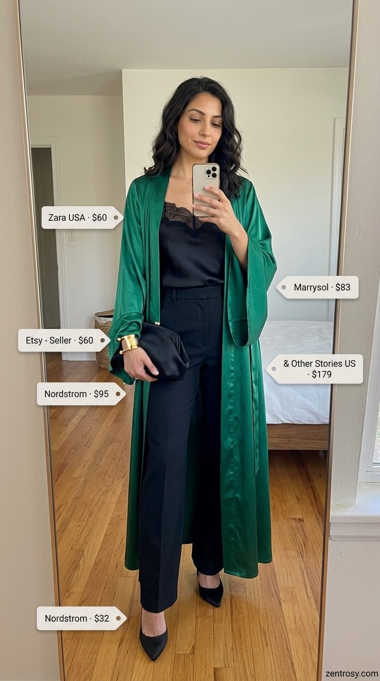 Boho Summer Kimono Outfits 2026: Emerald Evening Boho summer kimono outfits for women 2026: Black trousers, emerald silk kimono, black camisole, statement cuff, and heels.