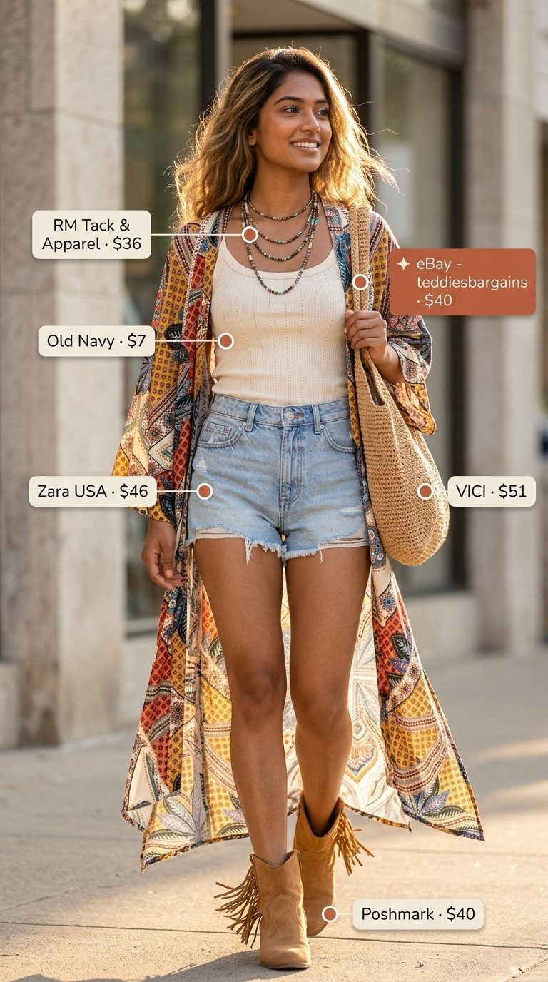 Boho Summer Kimono Outfits 2026: Festival Vibes Boho summer kimono outfits for women 2026: Denim shorts, floral kimono, cream cami, fringe boots, and straw tote.