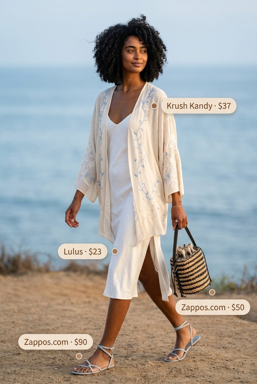 Boho Summer Kimono Outfits 2026: Beach Vacation Chic Boho summer kimono outfits for women 2026: White slip dress, light blue sandals, straw bag, and sheer embroidered kimono.