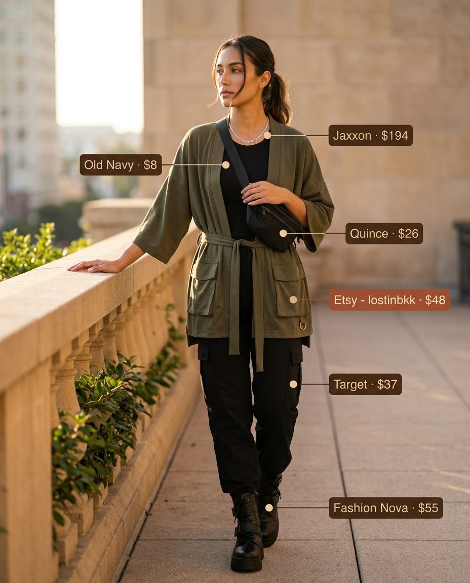 Boho Summer Kimono Outfits 2026: Urban Explorer Boho summer kimono outfits for women 2026: Cargo pants, olive utility kimono, black tank, combat boots, and silver necklace.