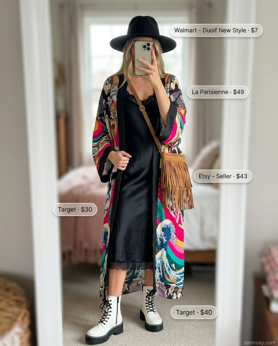 Boho Summer Kimono Outfits 2026: Vibrant Festival Boho summer kimono outfits for women 2026: Slip dress, vibrant print kimono, combat boots, fedora.