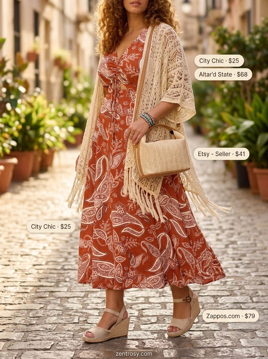 Beach Vacation Boho Kimono Outfits 2026 Boho summer kimono outfits for women 2026: Terracotta maxi dress with crochet kimono for beach vacation.