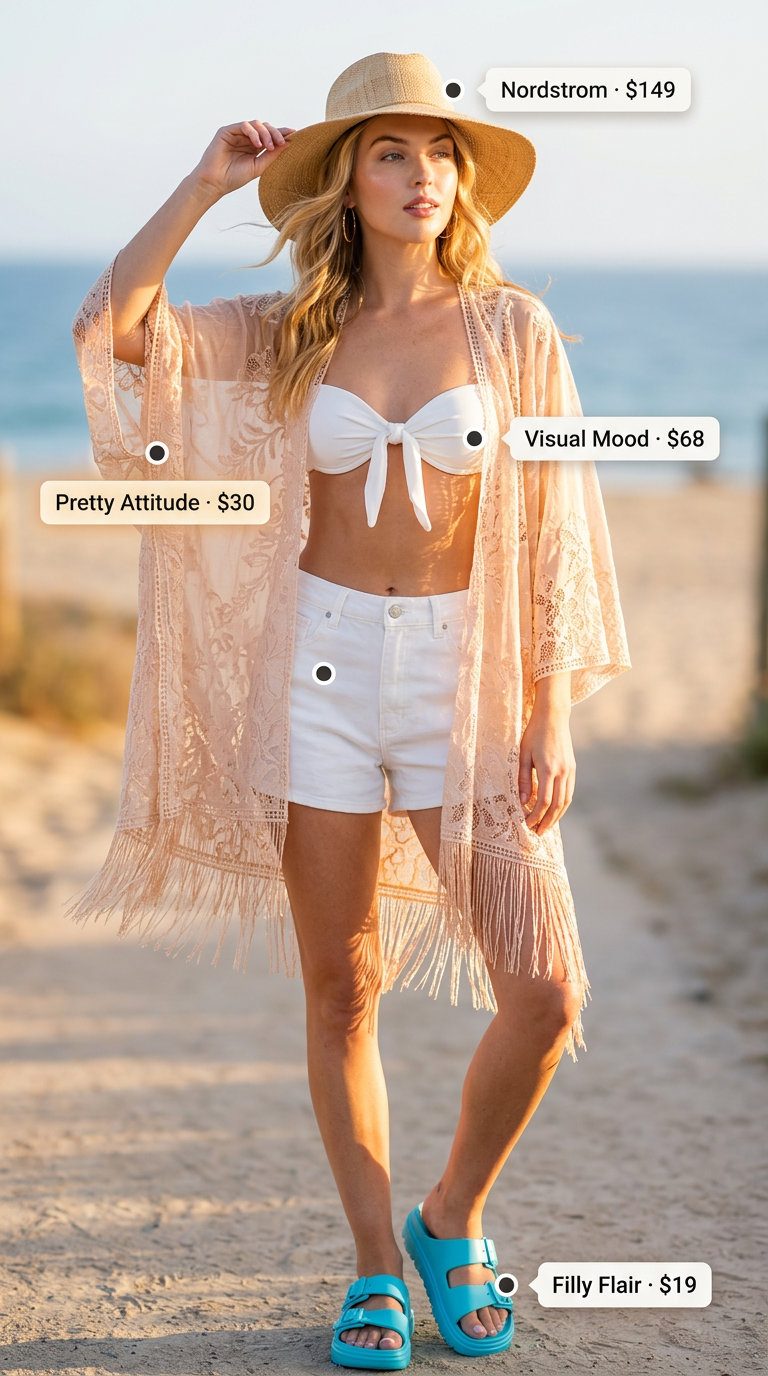 Beach Boho Kimono Outfits 2026 Boho summer kimono outfits for women 2026: Crochet kimono cover-up over bikini for beach day style.