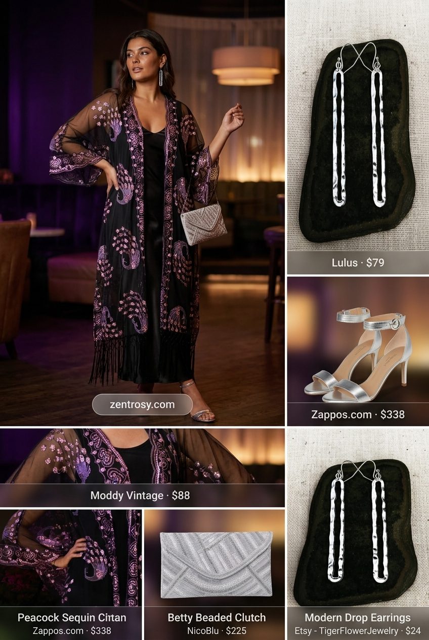 Boho Summer Kimono Outfits 2026: Evening Glam Boho summer kimono outfits for women 2026: Black slip dress, sheer beaded kimono, strappy heels, evening clutch.