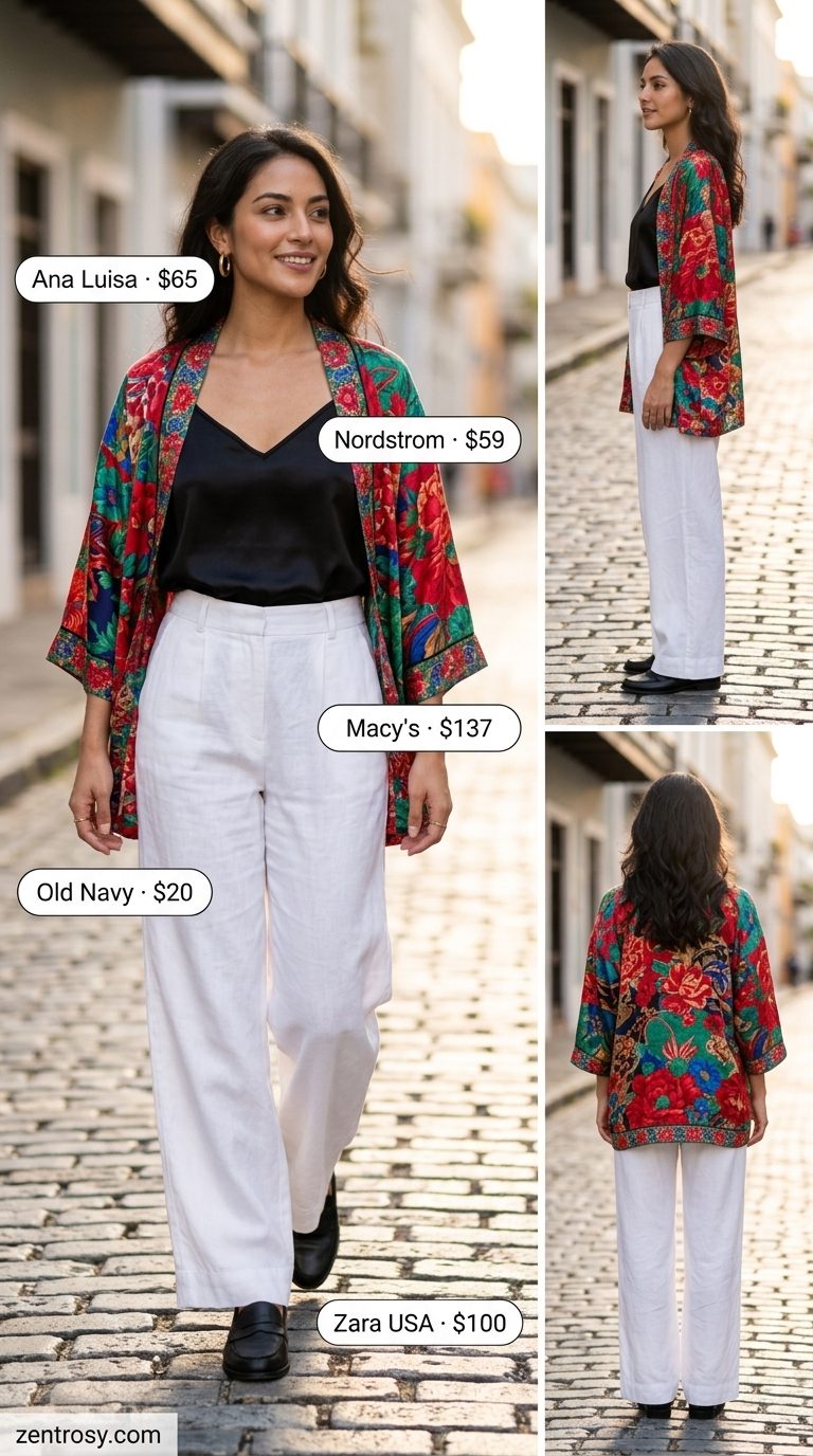 Brunch Boho Kimono Outfits 2026 Boho summer kimono outfits for women 2026: Printed silk kimono with linen trousers for chic brunch.