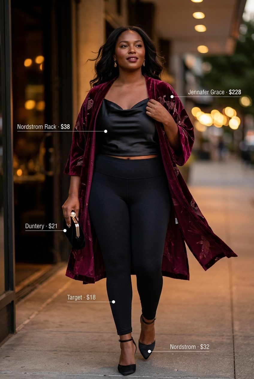 Evening Boho Kimono Outfits 2026 Boho summer kimono outfits for women 2026: Burgundy velvet kimono for glamorous evening style.