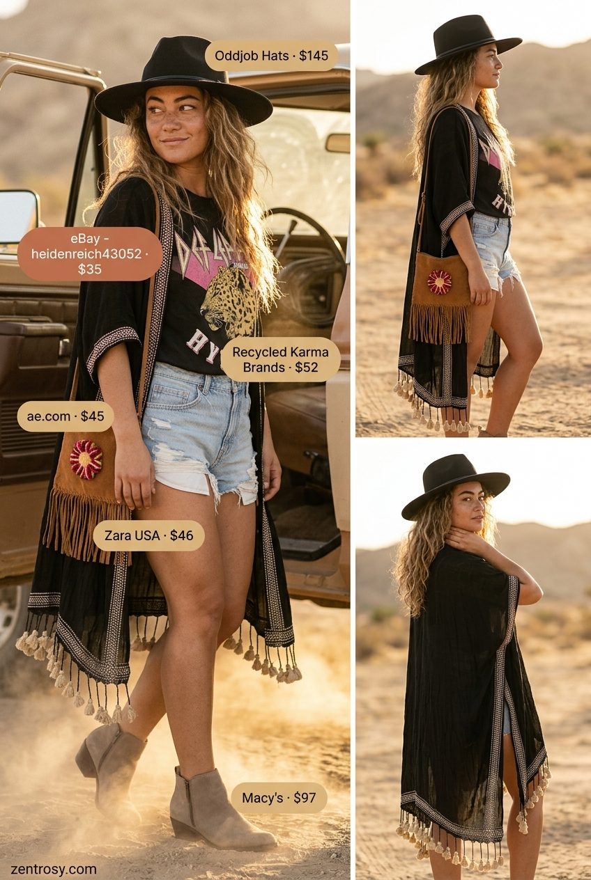 Boho Summer Kimono Outfits 2026: Festival Ready Boho summer kimono outfits for women 2026: Denim shorts, band tee, fringe kimono, felt hat, suede boots.