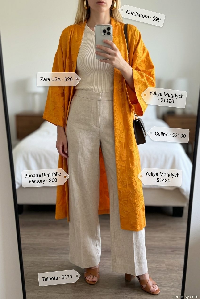 Boho Summer Kimono Outfits 2026: Desert Sunset Boho summer kimono outfits for women 2026: Linen pants, knit top, embroidered kimono, block heels, structured bag.