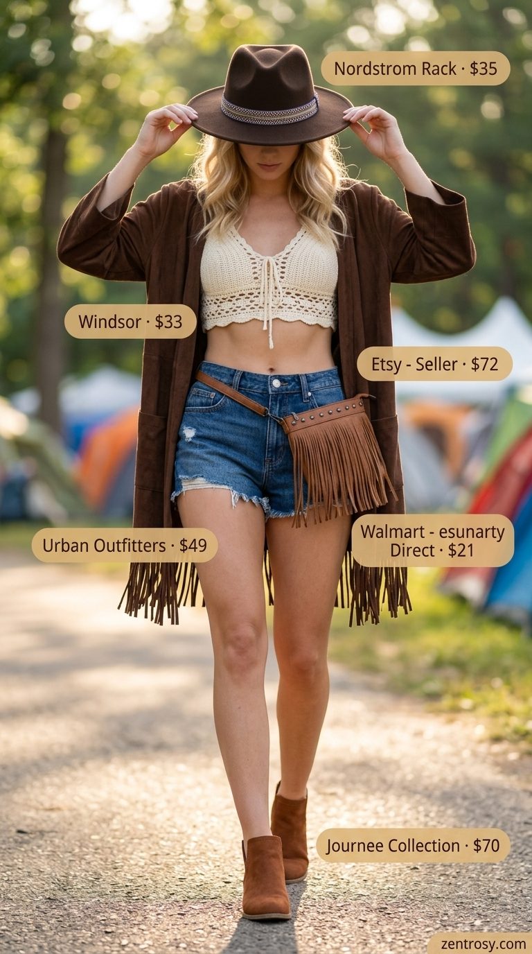 Festival Boho Kimono Outfits 2026 Boho summer kimono outfits for women 2026: Fringe kimono with denim shorts for festival style.