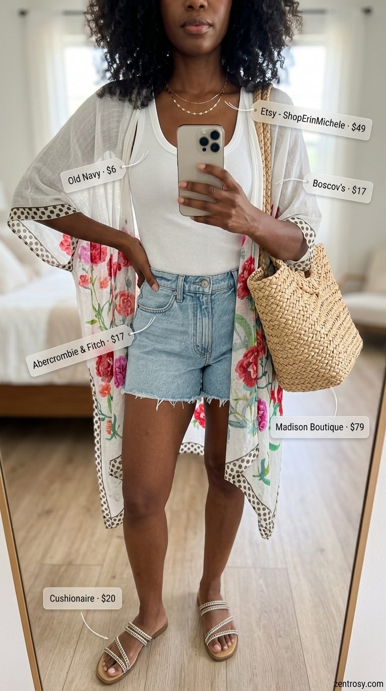 Boho Summer Kimono Outfits 2026: Seaside Floral Boho summer kimono outfits for women 2026: Denim shorts, tank, floral kimono, slide sandals, straw tote.