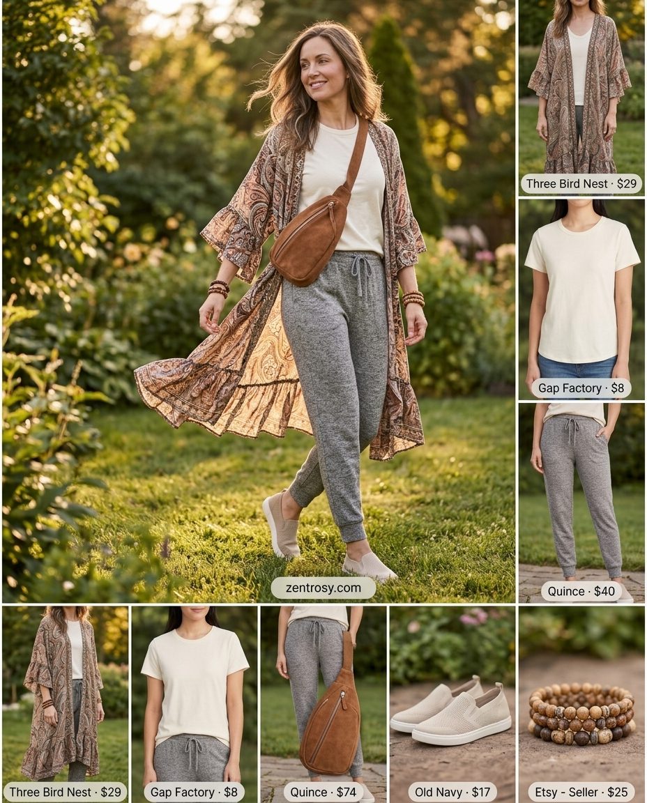 Boho Summer Kimono Outfits 2026: Weekend Comfort Boho summer kimono outfits for women 2026: Joggers, tee, printed kimono, sneakers, crossbody bag.