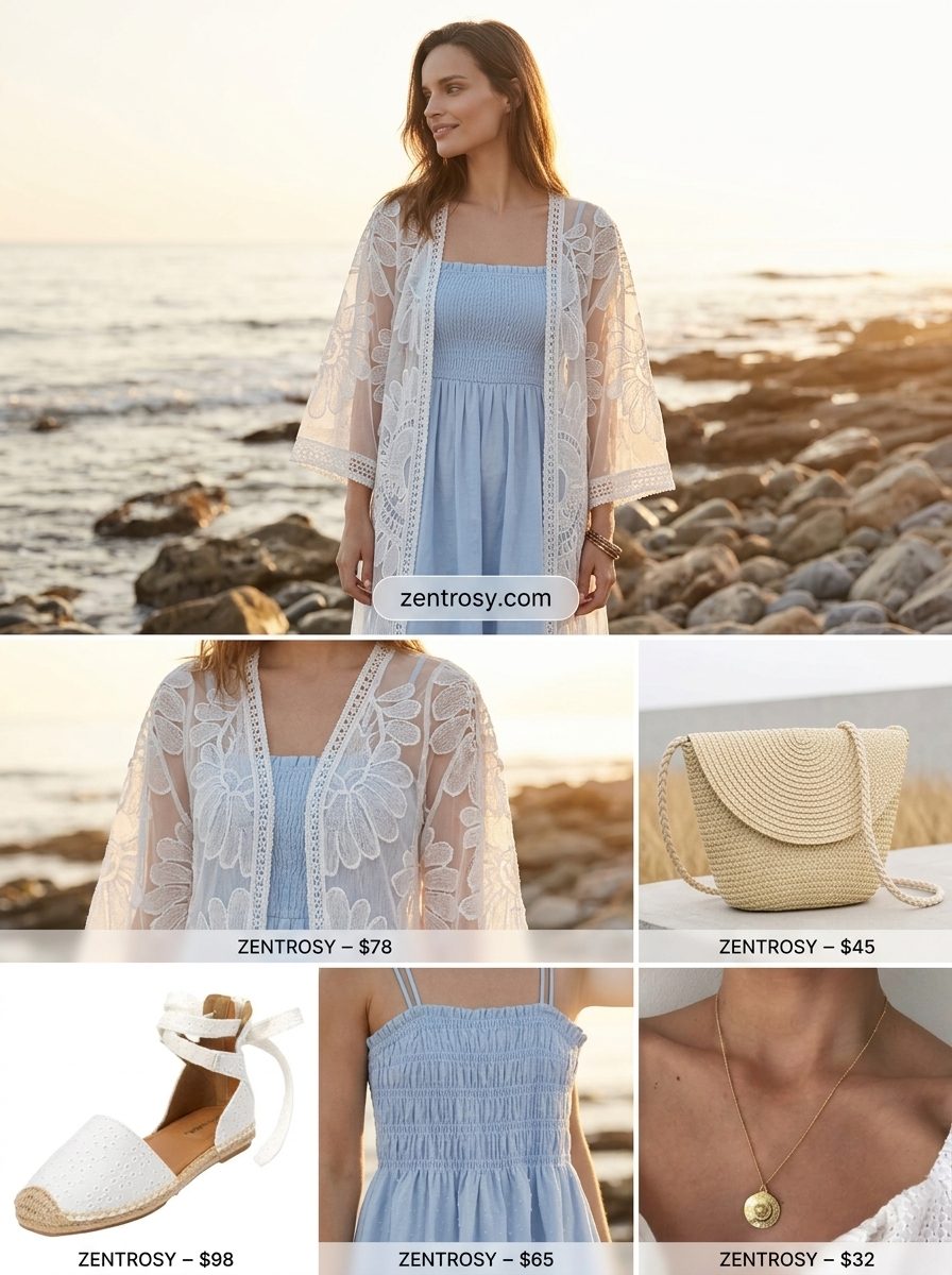 Boho Summer Kimono Outfits 2026: Lakeside Charm Boho summer kimono outfits for women 2026: Light blue sundress, sheer lace kimono, espadrilles, straw bag.