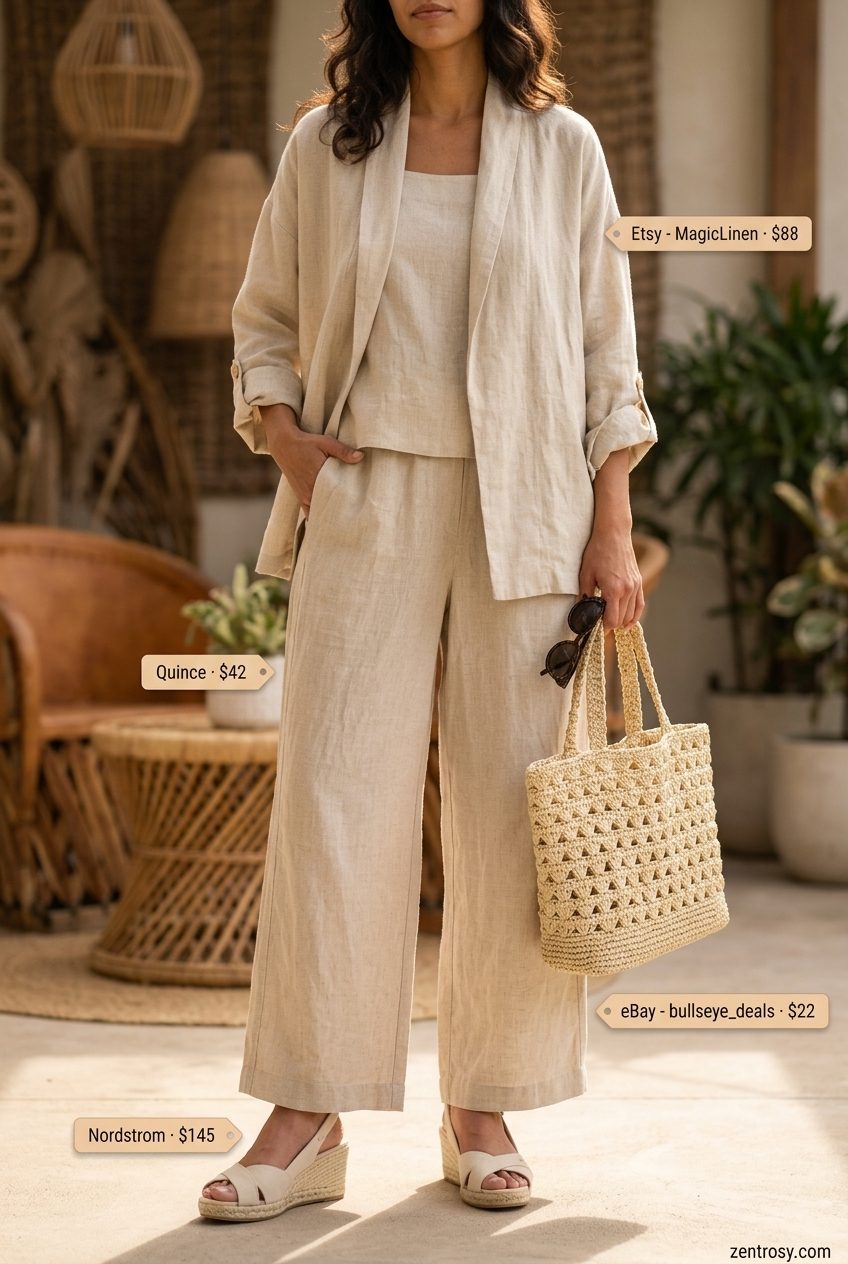 Boho Summer Kimono Outfits 2026: Linen Comfort Boho summer kimono outfits for women 2026: Linen pants, tank top, linen kimono, espadrilles, straw tote.