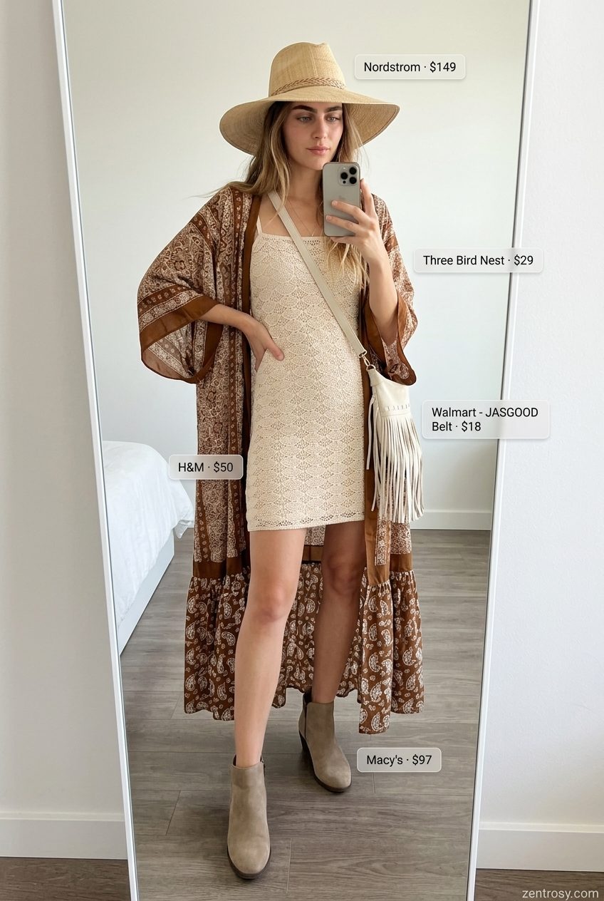 Boho Summer Kimono Outfits 2026: Festival Style Boho summer kimono outfits for women 2026: Cream crochet dress, multicolor paisley kimono, straw hat, suede boots.