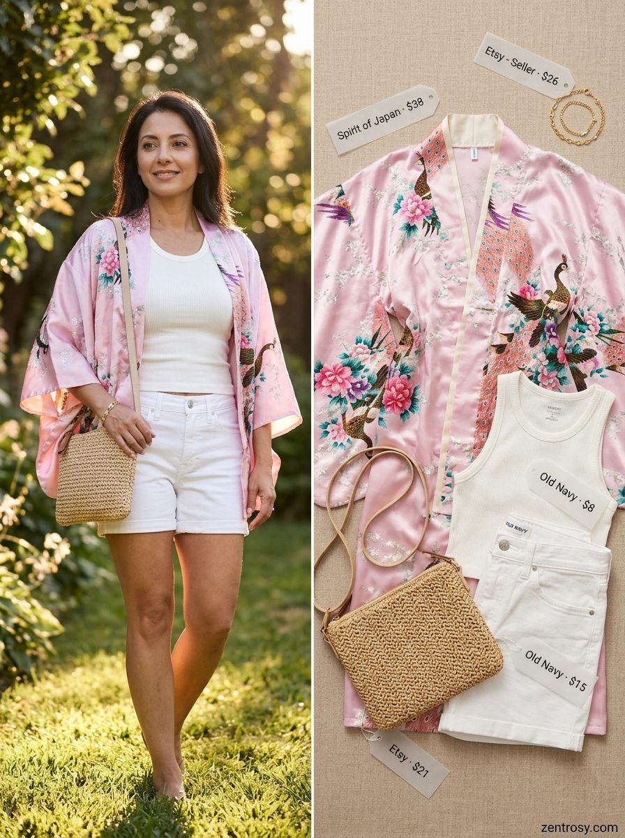 Boho Summer Kimono Outfits 2026: Pastel Daydream Boho summer kimono outfits for women 2026: Denim shorts, tank, pastel floral kimono, canvas sneakers, straw bag.