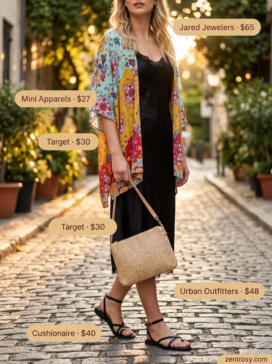 Summer Evening Boho Kimono Outfits 2026 Boho summer kimono outfits for women 2026: Multicolor print kimono over black slip dress for summer evening.