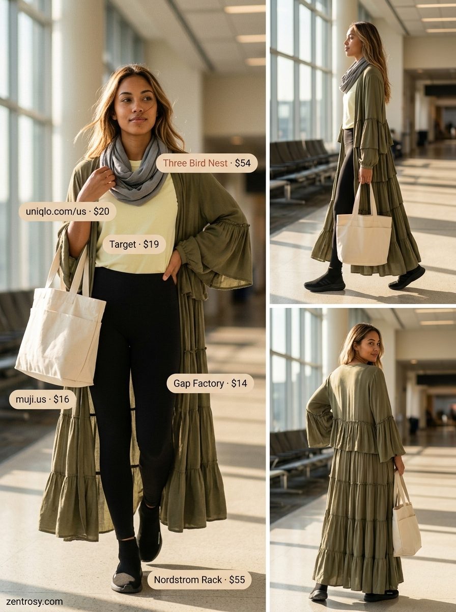 Travel Boho Kimono Outfits 2026 Boho summer kimono outfits for women 2026: Olive green kimono with leggings for comfortable travel style.