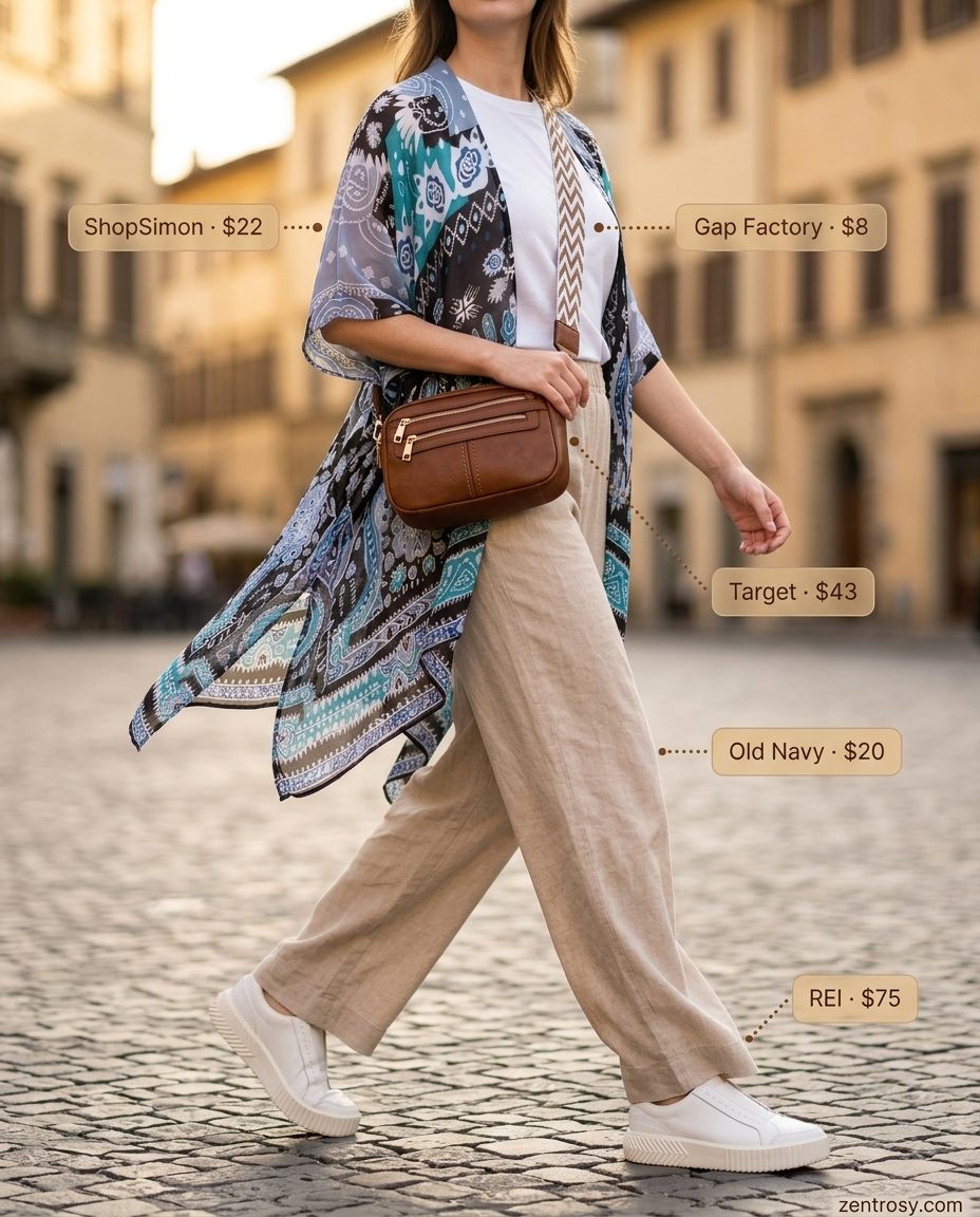 Travel Boho Kimono Outfits 2026 Boho summer kimono outfits for women 2026: Teal geometric kimono with wide-leg pants for travel.