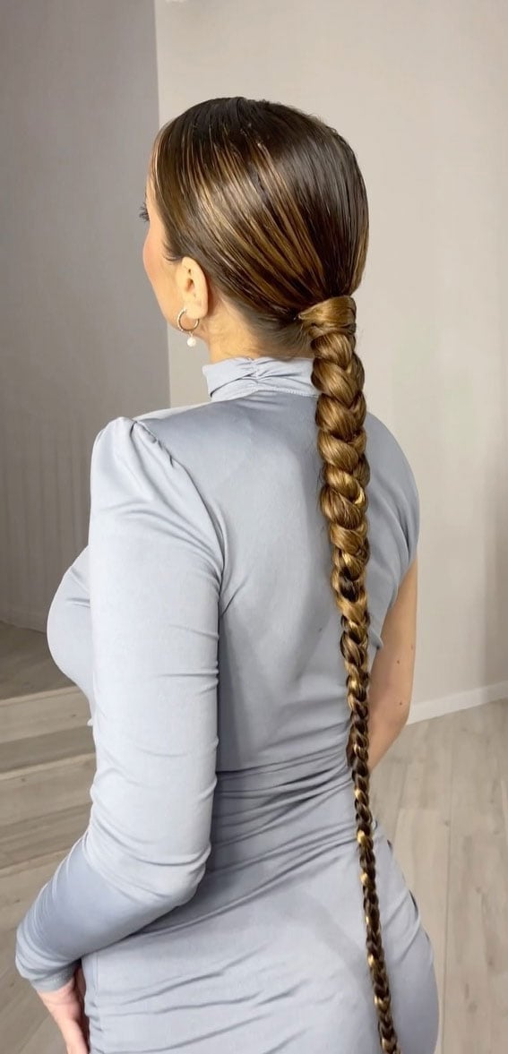 Sleek Dark Brown Dutch Braid With Highlights Sleek Dark Brown Dutch Braid With Highlights — Braids Easy Ideas