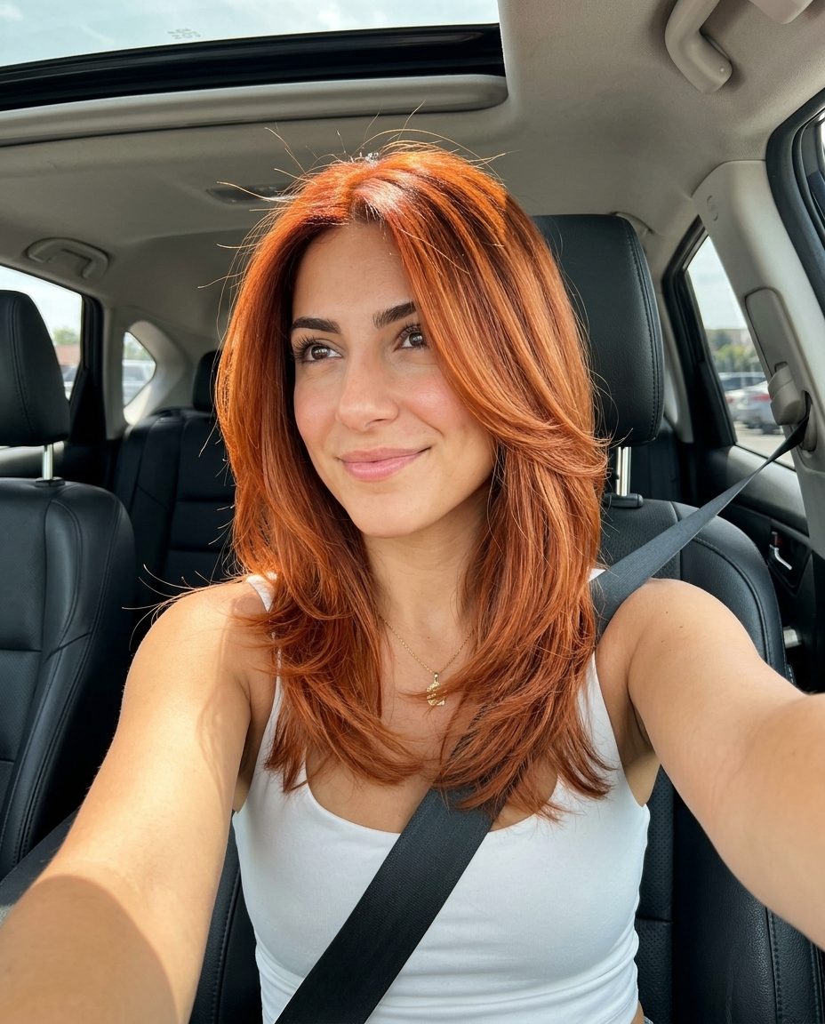 long layered bright red-copper balayage with cinnamon spice, face-framing money piece technique — vibrant festival look