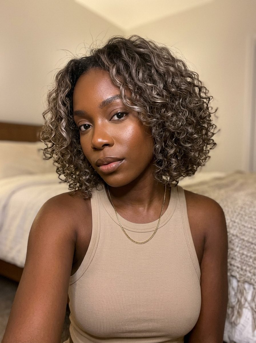 Curly Mushroom Bronde Bob 2026: Effortless Summer Style medium layered bob with mushroom bronde color, diffused layers, no fringe — playful & natural