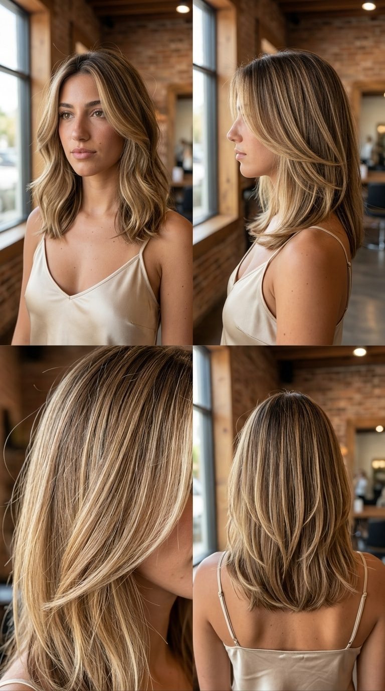 Romantic Wavy Bronde Lob Haircut 2026 medium bronde lob with honey blonde highlights and face-framing layers for a romantic date night