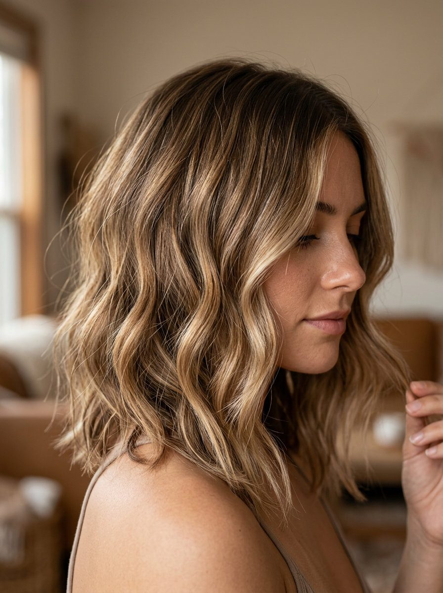 medium wavy shag haircut in bronde ombré with sandy blonde ends and wispy curtain bangs