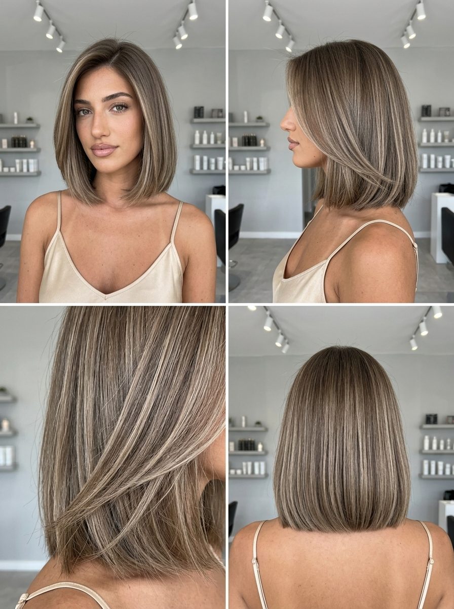 neck-grazing bronde bob with cool beige babylights and blunt perimeter for summer