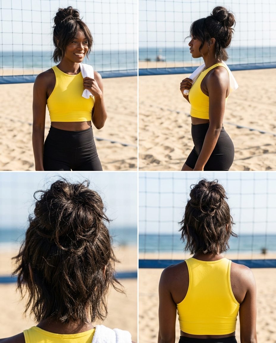 long shag hairstyle in bronde with root smudge, tousled top knot, casual daily wear