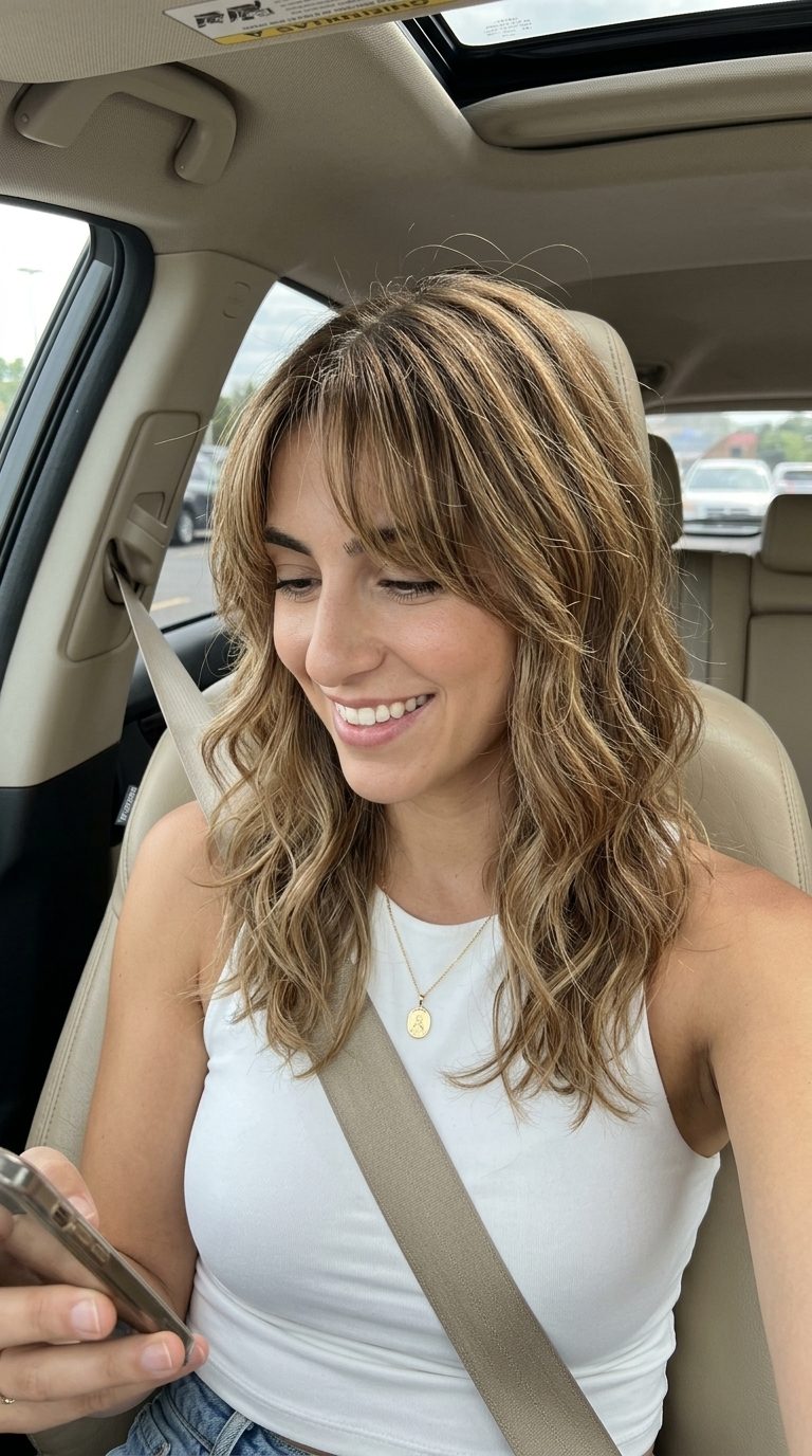shoulder-grazing wavy shag haircut in bronde with caramel babylights and wispy curtain bangs