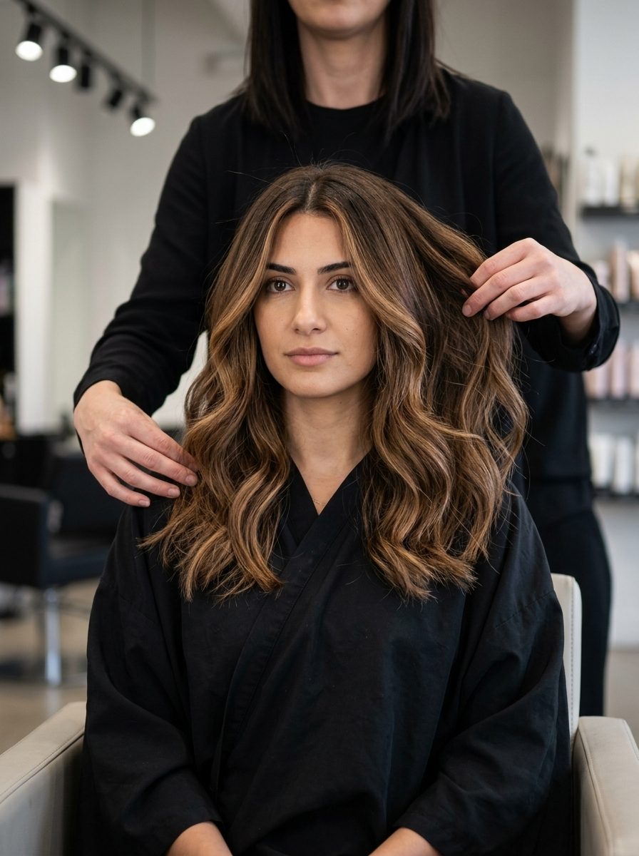 Bronze Balayage Wavy Midi Haircut 2026 medium wavy soft curve cut with warm bronze balayage for natural sun-kissed waves