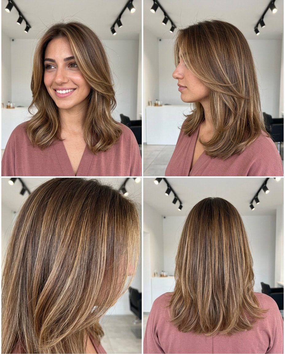 medium sun-kissed bronze brunette with warm balayage and face-framing layers for beach vacations