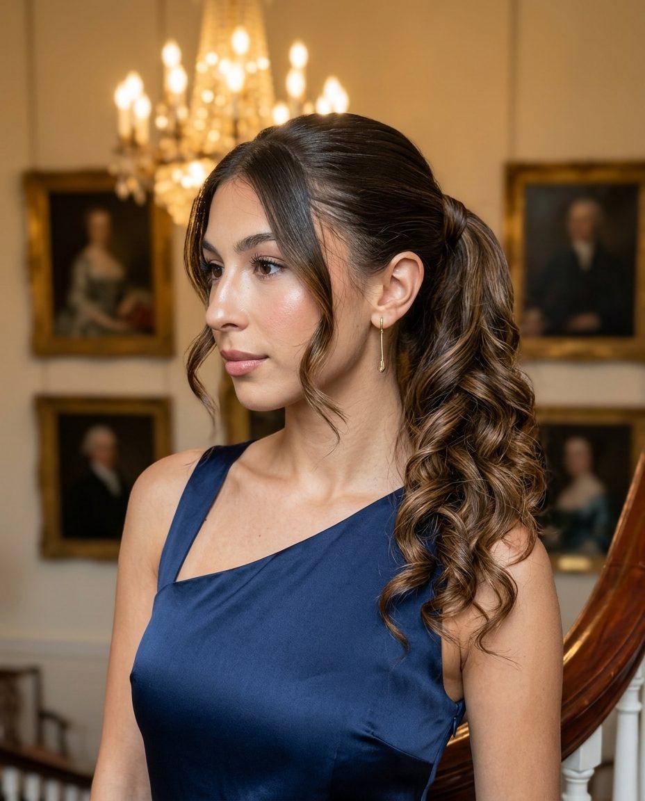 mid-back layered ponytail 2026 with natural brunette, caramel balayage, subtle curls — sophisticated elegant