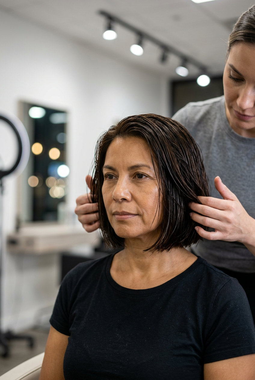 chin-length blunt bob haircut in natural dark brunette with high-gloss shine, 'wet' styling — bold and contemporary