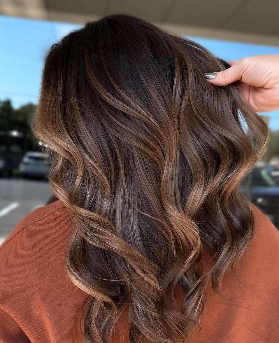 Dark Chocolate Brown With Caramel Highlights, Mid-Back Dark Chocolate Brown With Caramel Highlights, Mid-Back — Brunette Hair Inspiration