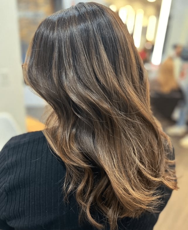 Mid-Back Dark Brown With Caramel Accents and Long Layers Mid-Back Dark Brown With Caramel Accents and Long Layers — Brunette Hair Inspiration