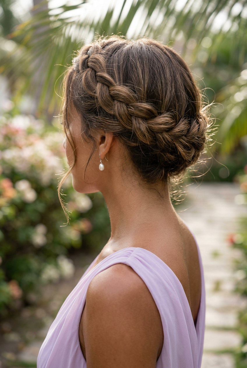 long multi-dimensional brunette twisted crown braid with honey lowlights for summer 2026