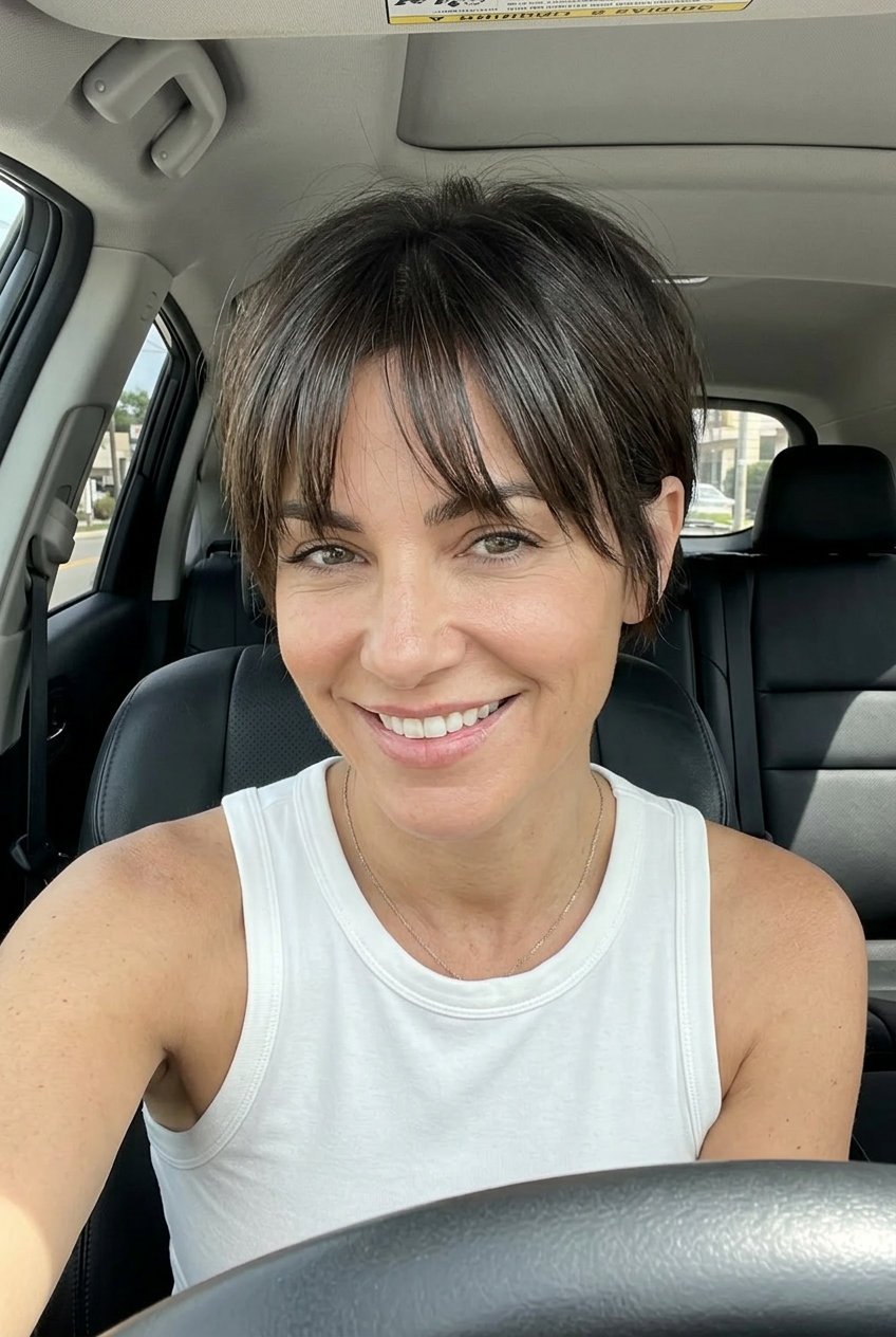 short pixie haircut in natural cool-toned brunette with piecey texture, razored fringe — edgy