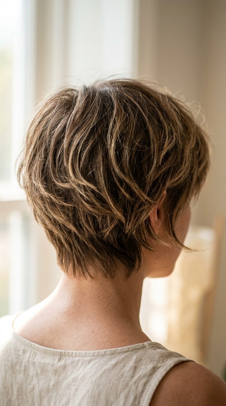 short natural brunette shag with peach fuzz highlights, piecey crop for summer