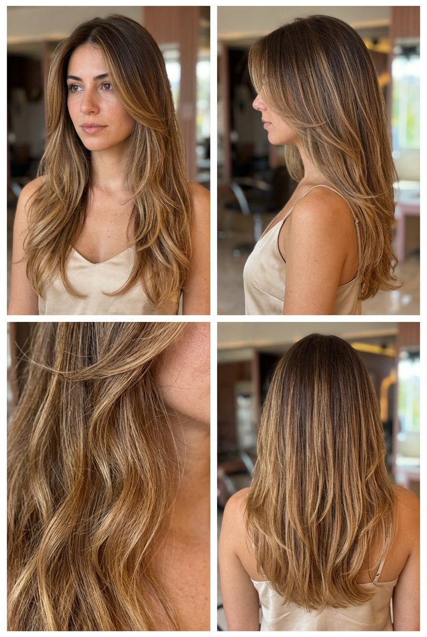hip-length haircut with syrup brunette to honey blonde ombré, soft face-framing layers, no bangs — bohemian beach vacation