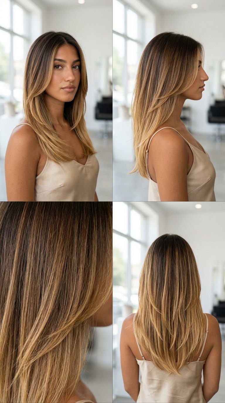 Ombré Cascade for Round Faces 2026 long layered haircut in deep brunette to golden blonde ombré with face-framing layers for summer